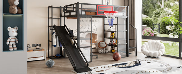 English Elm Full Full Size Metal Loft Bed with Built-In Desk, Slide, Basketball Hoop and Open Wardrobe Storage Black GX001524AAB