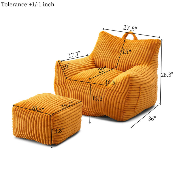 English Elm Giant Plush Bean Bag Chair with Armrests and Footstool for Ultimate Comfort, Durable Corduroy Lounge Sofa Yellow W1117P309392