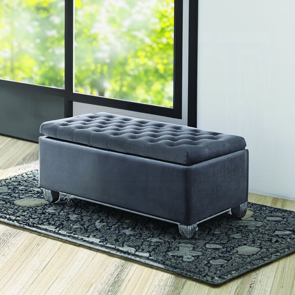 English Elm Rebekah Velvet Storage Bench Gray — Button-Tufted Backless Upholstered Seat, Eucalyptus Frame, 300lb Capacity B2726P345221