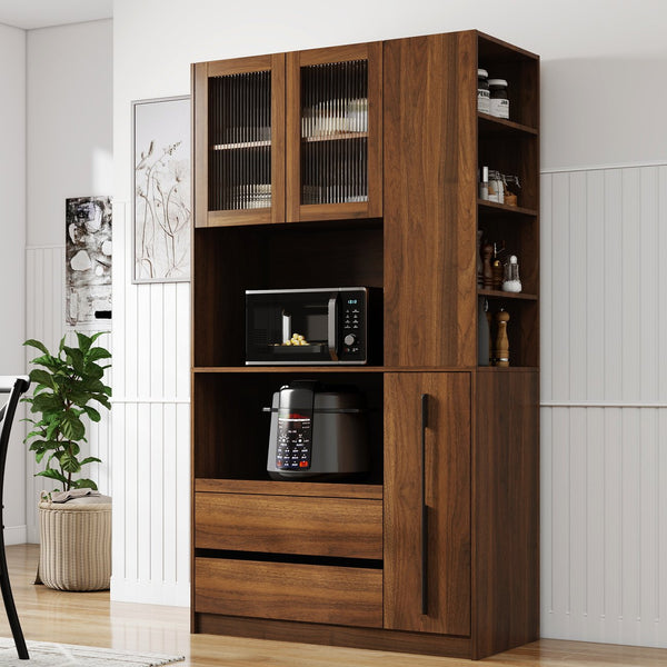 English Elm 70.87" Tall Kitchen Pantry Cabinet – Multi-Functional Storage With Glass Door, Drawers & Microwave Stand W331S00197