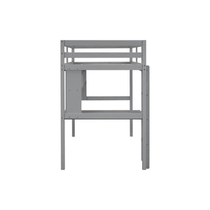 English Elm Twin Loft Bed with Built-In Desk and Bookcase, Pine Frame, Safety Guardrail, Ladder for Study Space Grey W504P181852