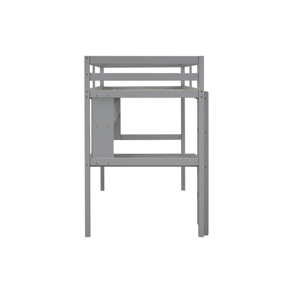 English Elm Twin Loft Bed with Built-In Desk and Bookcase, Pine Frame, Safety Guardrail, Ladder for Study Space Grey W504P181852