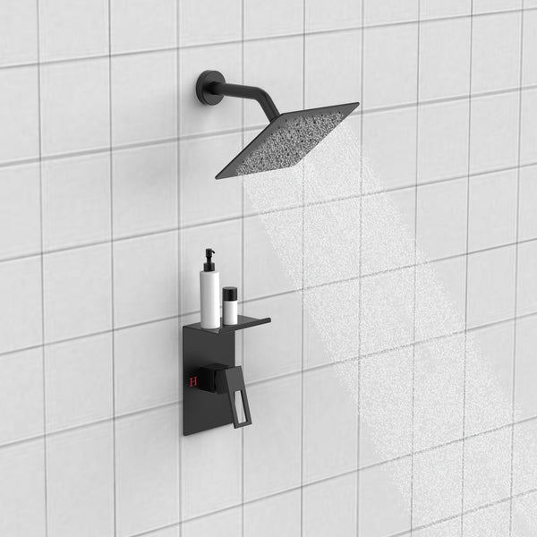 English Elm Shower 8" Square Rain Head Faucet Set with Single-Handle Mixer, 15" Arm, Rack Storage & Detachable Trim (Modern) Matte Black T3177P269146