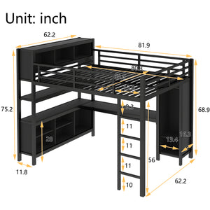 English Elm Metal Loft Bed With Wardrobe, L-Shaped Desk & Storage Cubes - Stylish Space-Saving Queen Solution W1580S00109