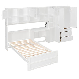 English Elm Wooden Twin Loft Bed with Built-in Desk Wardrobe Storage Drawers and Led Lighting N820S00069K
