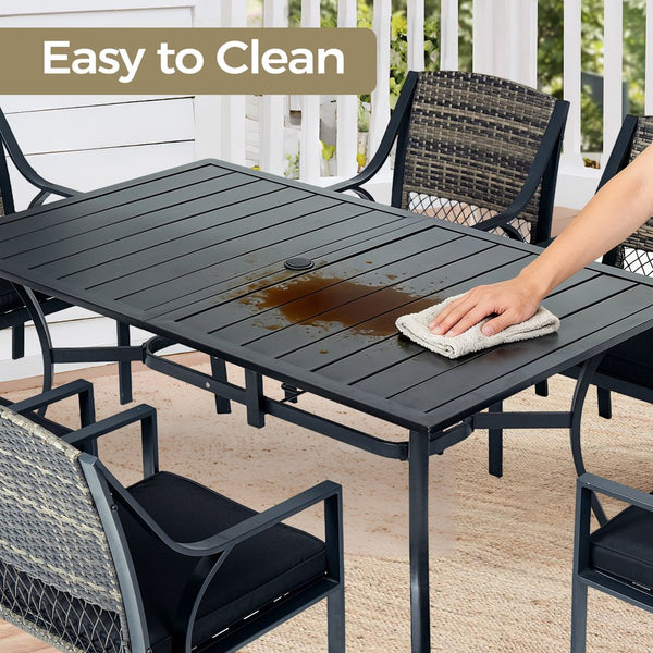 English Elm 7-piece Outdoor Dining Set Powder Coated Steel Rattan Chairs Cushions Poolside T5880S00024