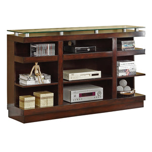 English Elm Novella Hardwood Media Console with Tempered Glass Top and Open Shelves for Living Room B108P481214