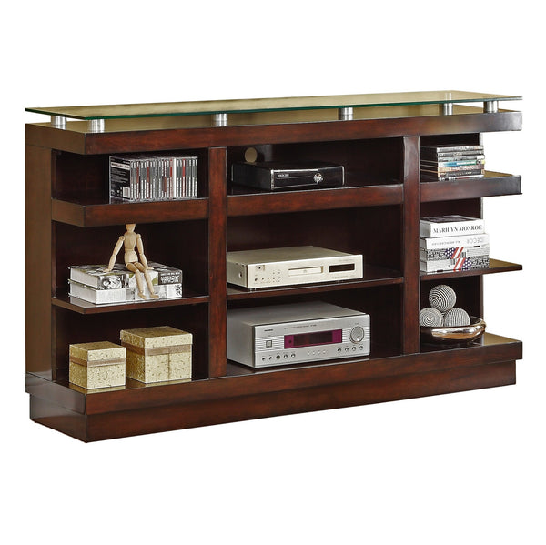English Elm Novella Hardwood Media Console with Tempered Glass Top and Open Shelves for Living Room B108P481214