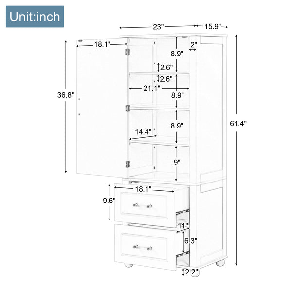 English Elm Tall Freestanding Bathroom Cabinet Two Drawers Adjustable Shelves Matte Mdf Storage White N725P407739K