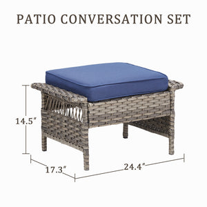 English Elm Outdoor Handwoven Pe Wicker Ottoman Set Patio Footrests with Weather Resistant Cushions Blue T3773P416509