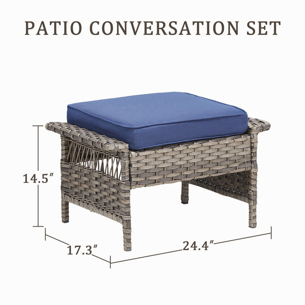 English Elm Outdoor Handwoven Pe Wicker Ottoman Set Patio Footrests with Weather Resistant Cushions Blue T3773P416509