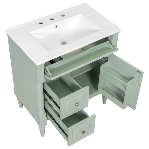 English Elm 30" Freestanding Bathroom Vanity Rubberwood Frame Ceramic Sink Flip Drawer Storage Green N725P356062F
