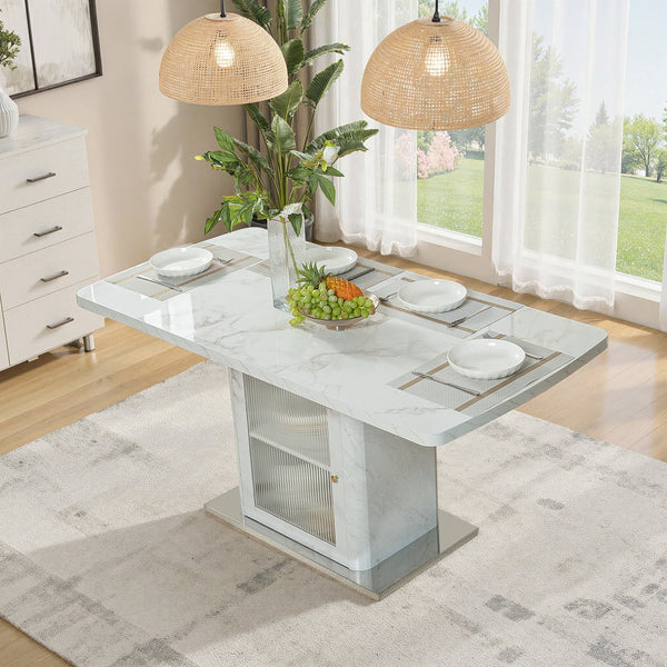 English Elm 47.24"-63"Modern Rectangle Dining Table with Extendable Top, Printed Marble Look, Sturdy Steel Base & Storage White W757P331962