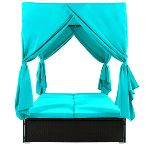 English Elm U_style Outdoor Double Daybed Resort Canopy Lounge with Steel Frame and Adjustable Backrests Blue WY000476AAC