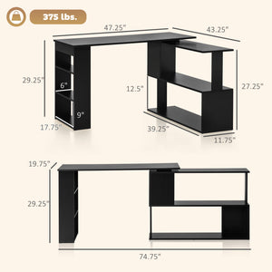 English Elm L Shaped Corner Desk with Rotating Joint Bookcase and S Shelf for Home Office Black T3971P433606