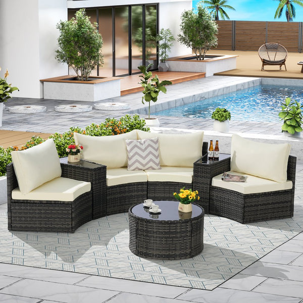 English Elm Outdoor Half Moon Sectional Set 7 Piece Rattan Sofa with Tempered Glass Coffee Table Beige W874S00044