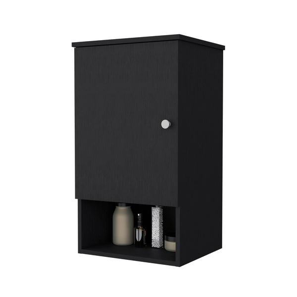 English Elm Carrizo Recessed Medicine Cabinet in Black Melamine with One Door, 2 Shelves + Open Bottom Shelf, 28.6"x16.2"x13.9" B128P237146