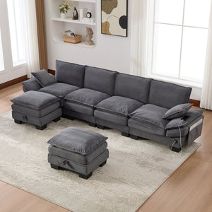 English Elm Sectional Modular Cloud Sofa Deep Corduroy Upholstered Comfort for Living Room Studio Dark Gray W395S00136