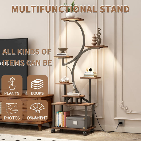 English Elm Plant Stand with Full Spectrum Grow Lights 8 Tier S Shaped Iron Corner Display Rack Black+Brown W2641P446499