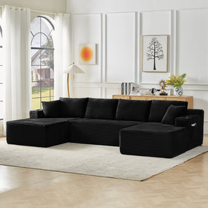 English Elm Compressible Modular U-shaped Sectional Corduroy Cloud Sofa for Spacious Living Rooms Black W2339S00147