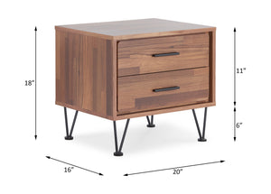English Elm Deoss Walnut Finish Accent Table with 2 Drawers, Chrome V-Legs, Rectangular Nightstand, 18"x15" Top, 40lb Capacity B2726P278235