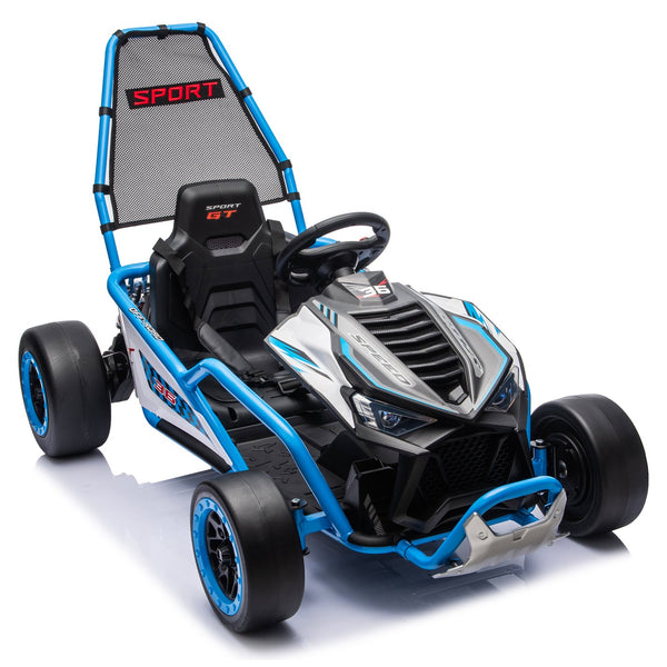 English Elm 24v Dual Motor Kids Go Kart with Drift Mode Roll Cage and Rear Suspension Ages 6 to 12 Blue W1578P454056