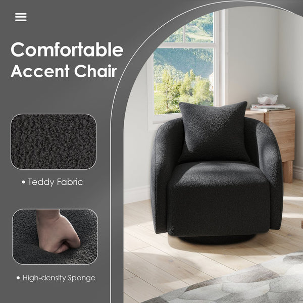 English Elm Swivel Barrel Armchair in Teddy Fabric with Lumbar Pillow and Solid Wood Legs Dark Gray T3623P430701