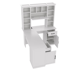 English Elm L-Shaped Corner Desk with 3 Cabinets, 2 Drawers & 11 Shelves, Built-In Power Outlet for Home Office White W1580S00188