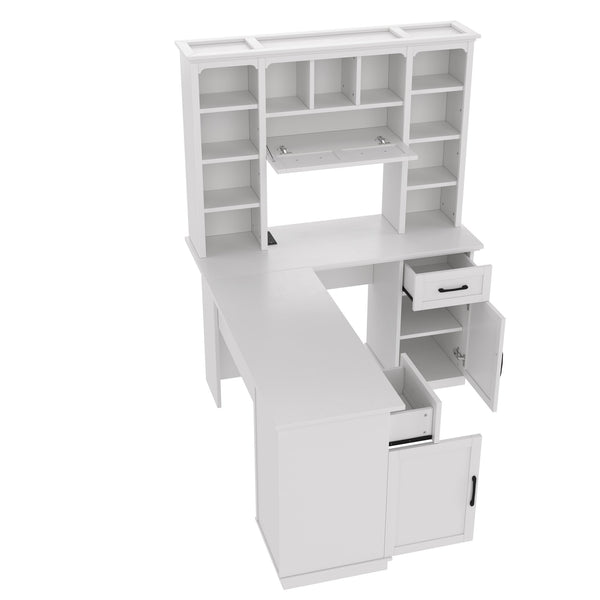 English Elm L-Shaped Corner Desk with 3 Cabinets, 2 Drawers & 11 Shelves, Built-In Power Outlet for Home Office White W1580S00188