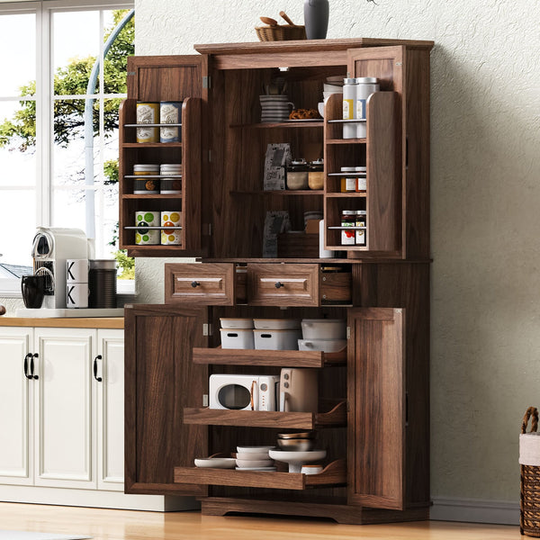 English Elm K&K 71" Tall Farmhouse Pantry Cabinet with Groove Edges, 3 Pull-Out Organizers, 6 Door Shelves Brown N707P256507Z