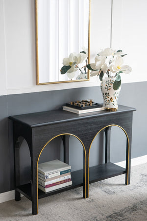 English Elm 47.2x15.7x31.9" Matte Black Wood Console Table with Arched Legs Gold Accents Shelf W2078P476728
