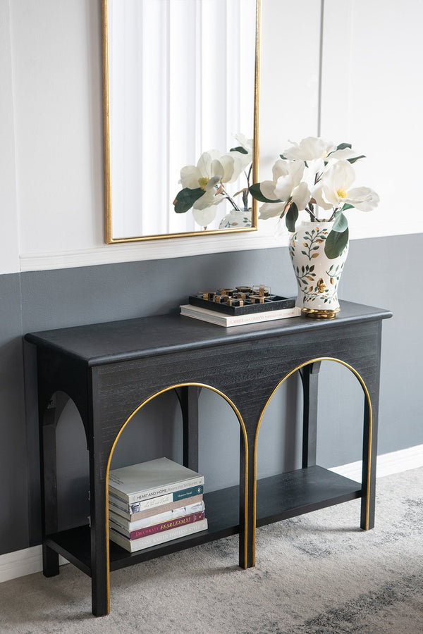 English Elm 47.2x15.7x31.9" Matte Black Wood Console Table with Arched Legs Gold Accents Shelf W2078P476728