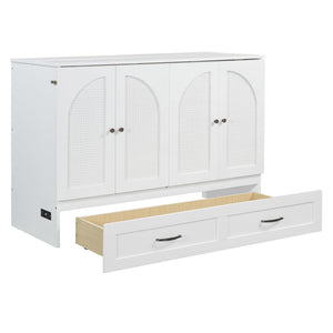 English Elm Full Size Murphy Bed Rattan Cabinet with Storage Drawers and Gold Hardware White N708S00009K