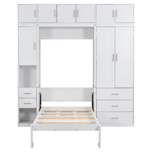English Elm Twin Murphy Bed with Lockers & Wardrobes White — Space-Saving Foldaway Cabinet Bed w/ Shelves, Drawers and Video Guide GX000391AAK
