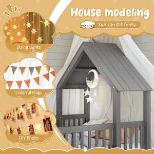 English Elm Twin House Floor Bed with Door and Full-Length Guardrails, Solid Wood Double Twin Floor Bed for Kids' Playful Rooms Grey W1580P354638