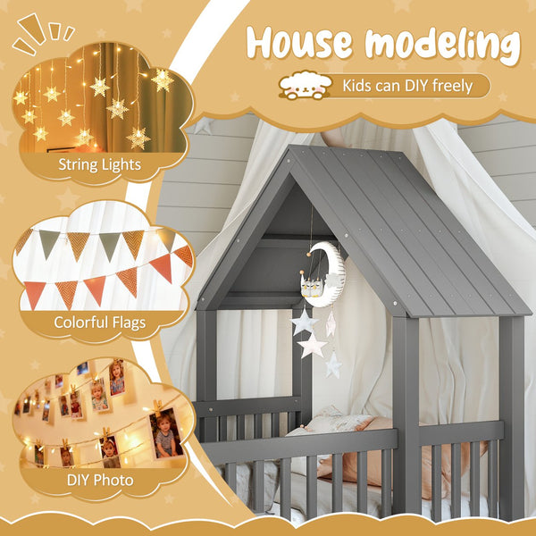 English Elm Twin House Floor Bed with Door and Full-Length Guardrails, Solid Wood Double Twin Floor Bed for Kids' Playful Rooms Grey W1580P354638