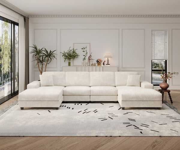 English Elm Convertible U-Shaped Sofa With Storage, Cozy Corduroy Fabric, Modern 4-Seat Design For Living Rooms W1793S00027