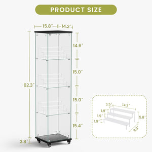 English Elm 4 Tier Glass Display Cabinet - Lockable Floor Standing Storage With Acrylic Shelves & Wheels For Versatility W1668P241902