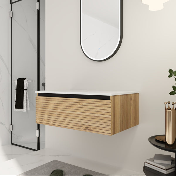 English Elm 30'' Floating Wall Mounted Bathroom Vanity Plywood Build with Soft Close Drawer W999P285410