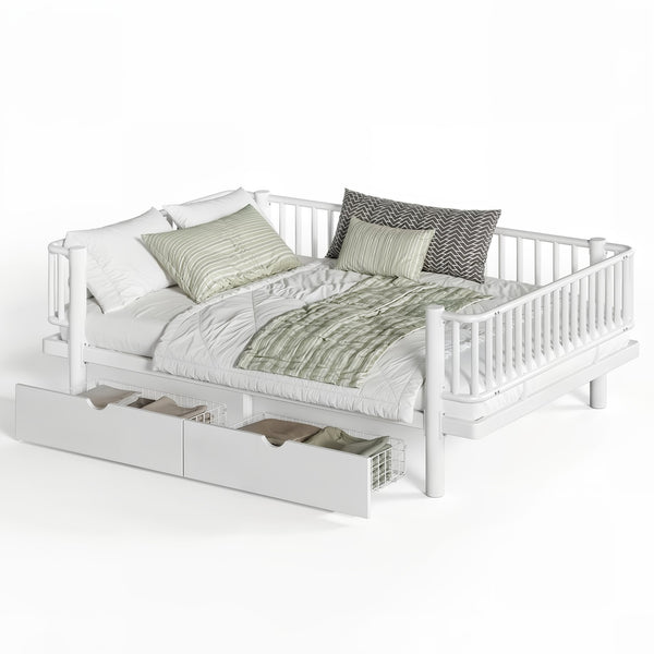 English Elm Full Size Metal Platform Storage Bed Low Profile Steel Frame with Built-in Drawers Light White W5305P471351