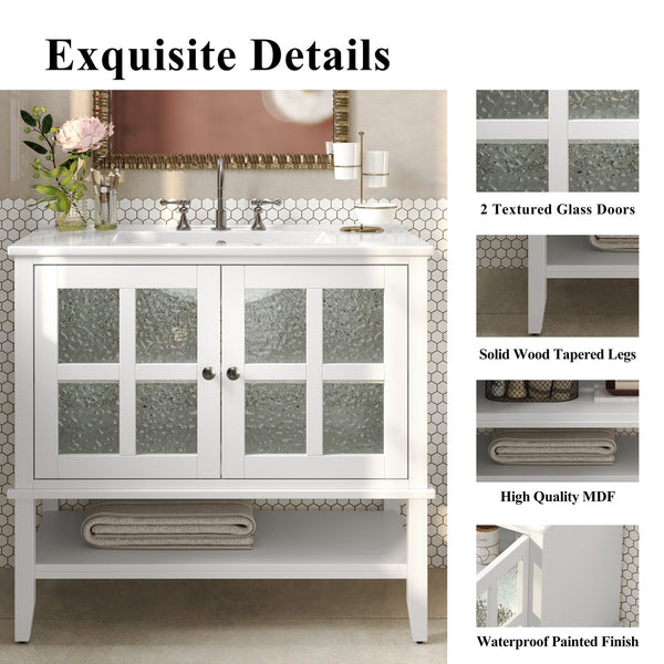 English Elm Christopher Knight Home® - 36" Bathroom Vanity with Ceramic Sink, Solid Wood Legs, Waterproof Finish, Soft-Close Hinges, Open Shelf, Silver Knobs White N817P286249W