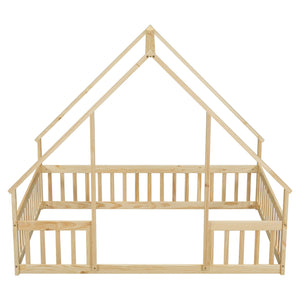 English Elm Full House-Shaped Floor Bed with Fence and Guardrails, Pine Wood Play Loft for Imaginative Kids Retreat Natural W504P143295