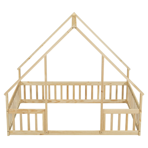 English Elm Full House-Shaped Floor Bed with Fence and Guardrails, Pine Wood Play Loft for Imaginative Kids Retreat Natural W504P143295