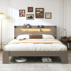 English Elm Bed Frame Queen Size - Modern Wood Platform With Led Headboard, Usb Ports & Spacious Under-Bed Storage W636P210857