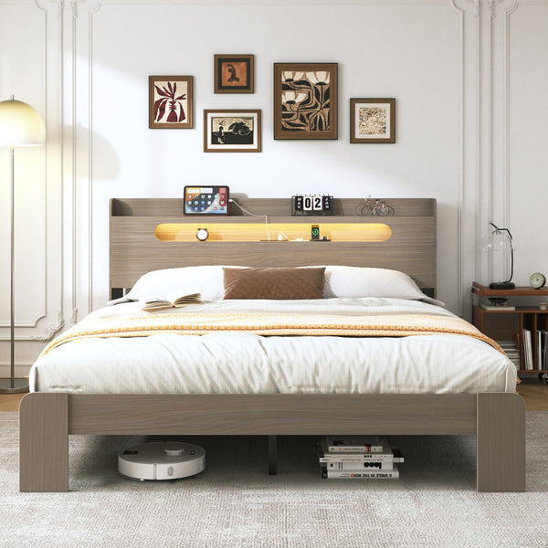 English Elm Bed Frame Queen Size - Modern Wood Platform With Led Headboard, Usb Ports & Spacious Under-Bed Storage W636P210857