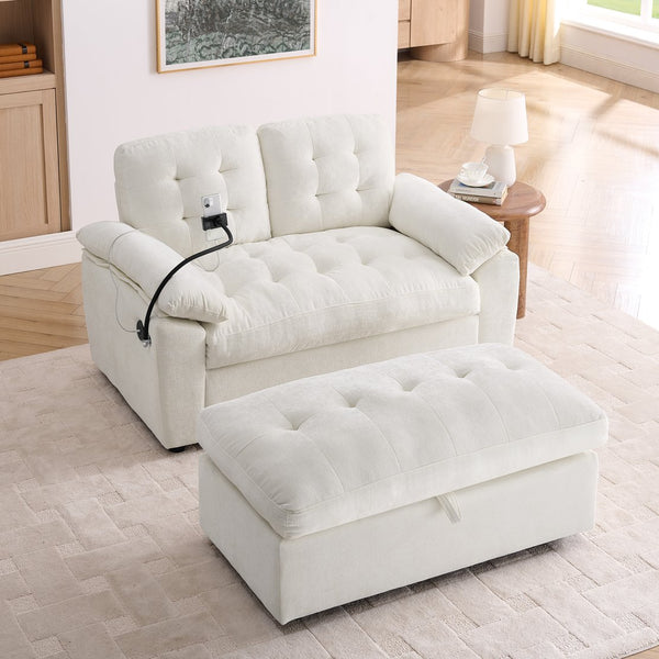 English Elm Leisure Chenille Two Seat Reclining Sofa with Usb Port Storage Ottoman Padded Armrests Beige W487S00520