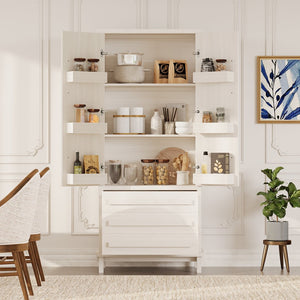 English Elm 70" Tall Pantry Cabinet Rubberwood Legs Three Drawers Six Door Shelves Kitchen Storage White N762P326960K