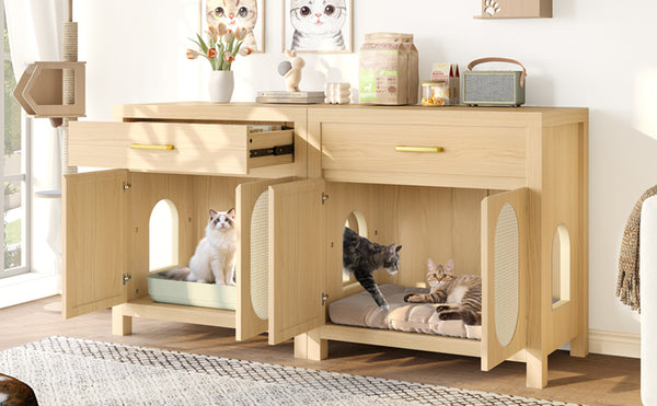 English Elm Cat Litter Box Cabinet with Sisal Doors Storage Drawer and Nightstand Surface N704P379111N