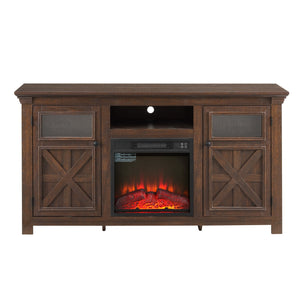 English Elm 2 Door Farmhouse Entertainment Console with Built-in Electric Fireplace Barn Style Espresso W2275S00041