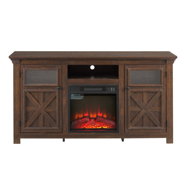 English Elm 2 Door Farmhouse Entertainment Console with Built-in Electric Fireplace Barn Style Espresso W2275S00041